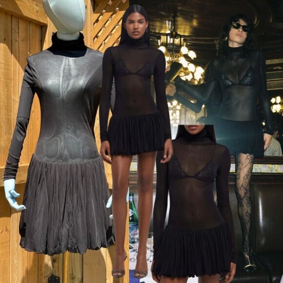 🆕 RAT & BOA 🧿 NWOT Lui Sheer Mesh Long Sleeve Mini Dress, Black - Sz XXS - Picture 1 of 14